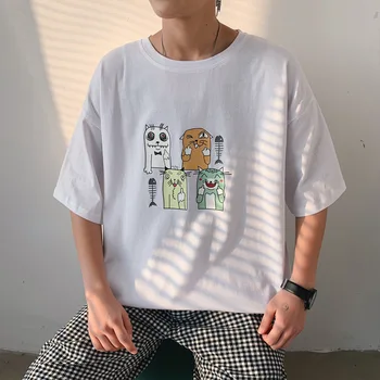 Vasaros juoda trumparankoviai prarasti vyriški T-shirt animacinių filmų spausdinimo Harajuku apvalios kaklo marškinėliai topai