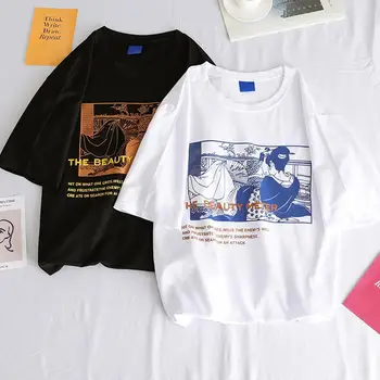 Vasaros marškinėliai Moterims korėjos Visas rungtynes, t-shirt spausdinti O-Kaklo Harajuku Trumpas rankovėmis Ponios atsitiktinis Palaidų juoda balta streetwear viršų