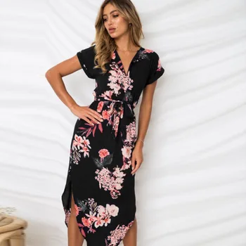 Vasaros Suknelė 2019 Moterų Boho Stiliaus Geometrinis Spausdinti Paplūdimio Suknelė Elegantiškas Šalis Suknelės su Diržu, Vestidos de fiesta Plius Dydis XXXL