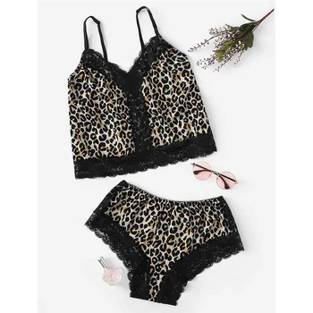 Vasarą Moterys Sexy Nėrinių Pajama Komplektai naktiniai drabužiai Sleepwear Leopard Gėlių Nėrinių Seksualus Homewear 2 vnt Šortai Pjs Kostiumas Moteriška Apranga