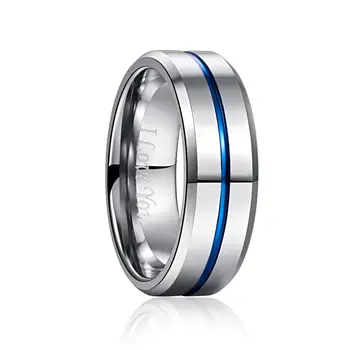 Vestuvių, Sužadėtuvių 8MM Pločio 2.3 MM Storio Plieno Spalva Visiškai Poliruoti Blue Groove Volframo Plieno Žiedas