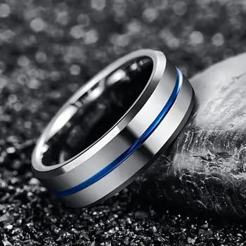 Vestuvių, Sužadėtuvių 8MM Pločio 2.3 MM Storio Plieno Spalva Visiškai Poliruoti Blue Groove Volframo Plieno Žiedas