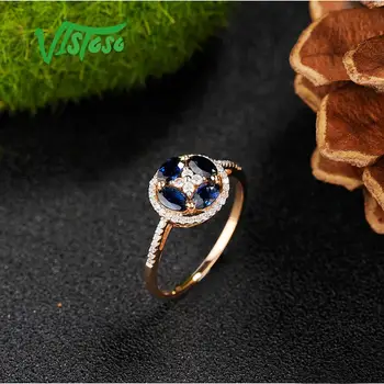 VISTOSO Aukso Žiedus Moterims, Originali 14K 585 Rose Aukso Žiedas Putojantis Deimantas Mėlyna Safyro Sužadėtuvių Apvalūs Žiedai Smulkūs Papuošalai
