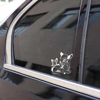 Volkrays Cartoon Automobilių Lipdukas Bambi Elnias su Drugelio Mielas Gyvūnų Accessovies Atspindintis Vinilo Decal Juoda/Sidabrinė,12cm*12cm