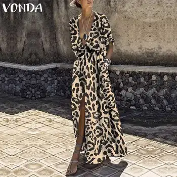 VONDA Moterų Leopard Suknelė 2021 Naujų Rudens Sexy V Kaklo Aukštos Juosmens Padalinta Ilgos Suknelės, Šaliai, Derliaus Atsitiktinis Plus Size Vestidos