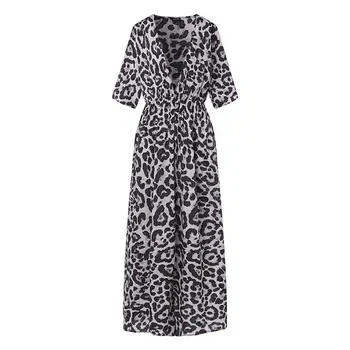 VONDA Moterų Leopard Suknelė 2021 Naujų Rudens Sexy V Kaklo Aukštos Juosmens Padalinta Ilgos Suknelės, Šaliai, Derliaus Atsitiktinis Plus Size Vestidos