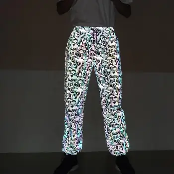 Vyrai Harajuku Naktį Spalvinga atspindintis Grybų spausdinti Atsitiktinis Kelnės Streetwear Vyras Hip-Hop Elastinga juosmens poilsiu sweatpants