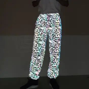 Vyrai Harajuku Naktį Spalvinga atspindintis Grybų spausdinti Atsitiktinis Kelnės Streetwear Vyras Hip-Hop Elastinga juosmens poilsiu sweatpants