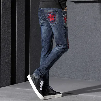 Vyrai Hip-hop Dragon siuvinėjimo Slim fit Straight Džinsai Streetwear Mados Mens Medvilnės Ruožas Atsitiktinis Poilsiu džinsinio audinio kelnės