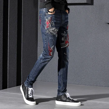 Vyrai Hip-hop Dragon siuvinėjimo Slim fit Straight Džinsai Streetwear Mados Mens Medvilnės Ruožas Atsitiktinis Poilsiu džinsinio audinio kelnės