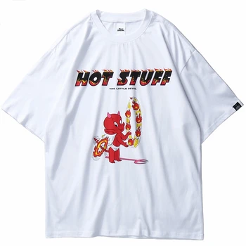 Vyrai Hip-Hop Marškinėliai 2021 Streetwear Gaisro Liepsnos Velnias T-Shirt Harajuku Tshirts Vasaros Trumpomis Rankovėmis Balti Atsitiktinis Viršūnes Tees Medvilnės