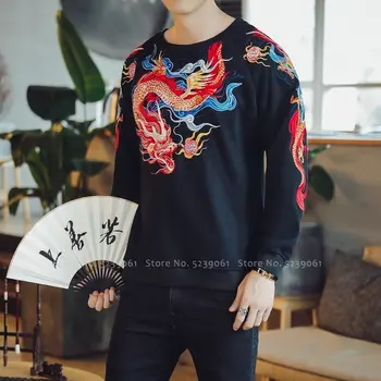 Vyrų Rudens Tradicinės Kinų Stiliaus Dragon Išsiuvinėti Megztinis Retro Tendencijos Mados Long Sleeve Tee Marškinėliai Hanfu Viršuje Tango Komplektai
