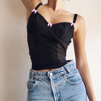 Weekeep Lankai Akių Kratinys Matyti Per Nėriniai Viršuje Moterų Y2K Estetinės Merginos tankų Rankovių Sexy V Kaklo Liemenė Streetwear Klubas