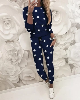 WEPBEL Penkerių-Pažymėjo Žvaigždutė Spausdinimo Atsitiktinis Homewear Kostiumas Mados Atsitiktinis Moterų Rinkiniai 2 Gabalas Rinkiniai Tinka Pižama Rinkiniai ilgomis Rankovėmis Viršų