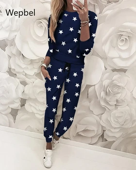 WEPBEL Penkerių-Pažymėjo Žvaigždutė Spausdinimo Atsitiktinis Homewear Kostiumas Mados Atsitiktinis Moterų Rinkiniai 2 Gabalas Rinkiniai Tinka Pižama Rinkiniai ilgomis Rankovėmis Viršų