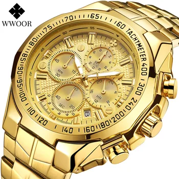 WWOOR Atsitiktinis Sporto Laikrodžiai Vyrams Karinės Kvarco Didelis Žiūrėti Vyrų Top Brand Luxury Gold Pilnas Plieno, atsparus Vandeniui Riešo Žiūrėti Laikrodžiai