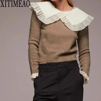 ZA Rudens Žiemos stiliaus naujas lotus lapų iškirptės apykakle ilgomis rankovėmis megztinis moteris Atsitiktinis Viršūnes Megztinis