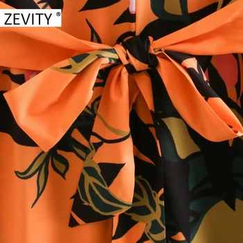 ZEVITY moterų v-kaklo, tropinių gėlių spausdinti lankas susieta varčias suknelė moterų žibintų rankovės atsitiktinis kimono vestidos elegantiškos suknelės DS4436