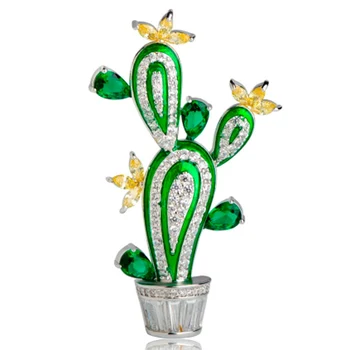 Zlxgirl Metalo vario Ryškus Žalias kaktusas Formos Sagės kubinis Cirkonis vestuvių Papuošalai Moterų Prabanga, Sagės, Segtukai, skrybėlės, papuošalai