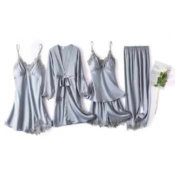 Šampanas 5 vnt Moterų Pižama Rinkiniai Dirbtiniais Šilko Pižama Sleepwear Rinkiniai, Elegantiškas, Seksualus Nėriniai Mados Pavasario Rudens Homewear XXL Dydžio