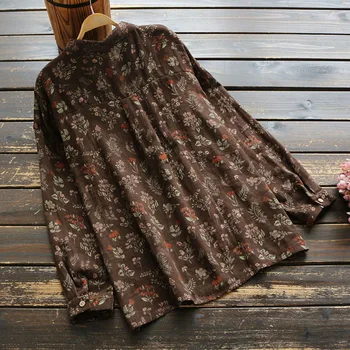 Šepečiu medvilnės gėlių spausdinti derliaus ilgomis rankovėmis marškinėliai palaidinė mori mergina 2018 m. rudenį