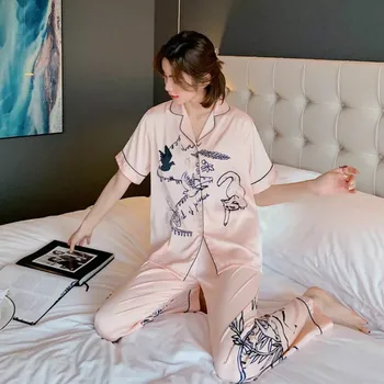 Šilko Pižama Moterims, Satino Pižamos Nustatyti ilgomis Rankovėmis Sleepwear Pijama Mujer Sleepwear Nustatyti Loungewear Namų Drabužiai Moterims