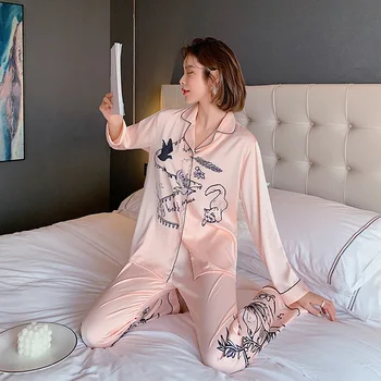 Šilko Pižama Moterims, Satino Pižamos Nustatyti ilgomis Rankovėmis Sleepwear Pijama Mujer Sleepwear Nustatyti Loungewear Namų Drabužiai Moterims