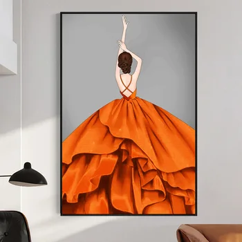 Šiuolaikinio Abstraktaus Kilnus Oranžinė Suknelė Moteris Drobė, Tapyba Šiaurės Plakatai ir Spausdina Sienos Menas Namų Dekoro (be Rėmelio)