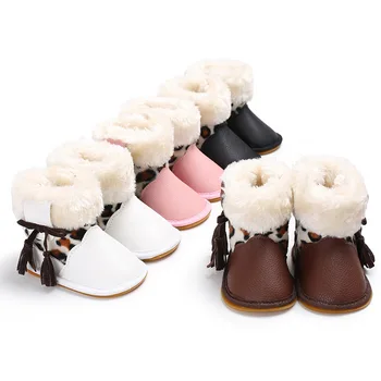 Žiemos 0-1 metų amžiaus kūdikiui plius aksomo, šiltas, kutai, leopardas spausdinimui sniego batai, guma apačioje, neslidžia kūdikio, vaikiška avalynė