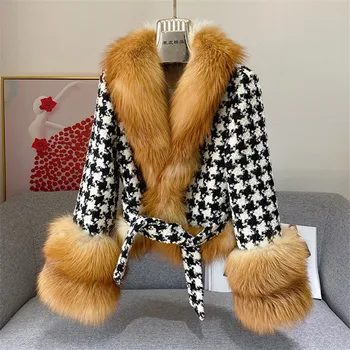 žiemos drabužių moterų 2020 m. Houndstooth susiuvimo red fox silver fox fur coat teismas mados ponios realių kailiai, kailio