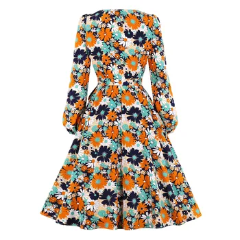 Žiemos Ilgos Rankovės Vasaros Vintage Suknelė 50s Rockabilly Elegantiškas Gėlių Spausdinti Oficialų 60s Šalies Plus Size Sūpynės Pin Up Sundress