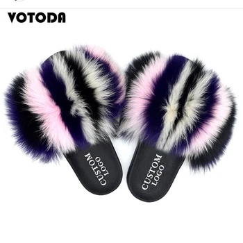 Žiemos Nekilnojamojo Fox Fur Skaidres Moterų Šlepetės Namuose Fifo Patalpų Šiltas Pūkuotas Butas Sandalai Mados Maišyti Spalvas Fuzzy Pliušinis Batai