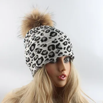 Žiemos Skrybėlės Moterims Leopard Megzti Beanie Kepurė Tikro Kailio Pompom Skrybėlę Kašmyras Triušis Mezgimo Slouchy Beanies Ponios Skullies