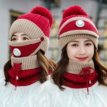 Žiemą Dviračiais Skrybėlę Moterų 3 Gabalas Šiltas Vilnos Beanies Skullies Kepurės Su Kauke Apykaklės, Kombinezonai Su Antkrūtiniais Moterų Aksomo Storio Anti - Mezgimas Kepurės